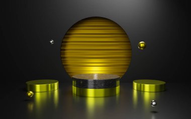 Soyut siyah arkaplan premium podyumunun 3d görüntülenmesi.