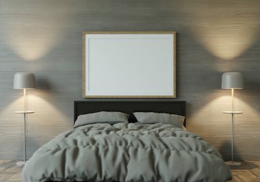 3D modelleme. Dekor elementleriyle ev içi yatak. ahşap çerçeve.