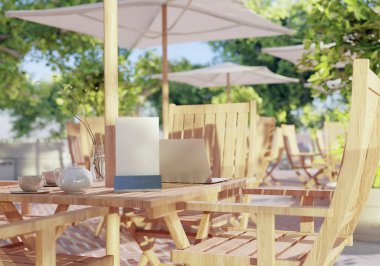 Dışarıdaki ahşap masada boş bir model var. 3d oluşturma