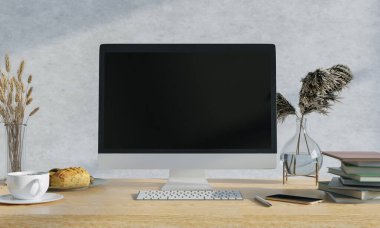 Siyah boş ekran bilgisayar, ahşap bir sehpanın üzerine kahve fincanı ve saksı bitkisi koyuyor. 3d oluşturma