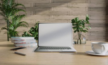 Beyaz boş ekran defter, kahve fincanı ve saksı bitkisiyle birlikte ahşap bir sehpanın üzerine koyuyor. 3d oluşturma