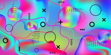 3D akış şekilli modern tasarım posteri. Pembe, mavi, yeşil, sarı, mor tonlarda parlak, pürüzsüz bir ağ, geleceksel bir desen tarafından bulanıklaştırılır. Gradyanlar müzik arkaplanı.