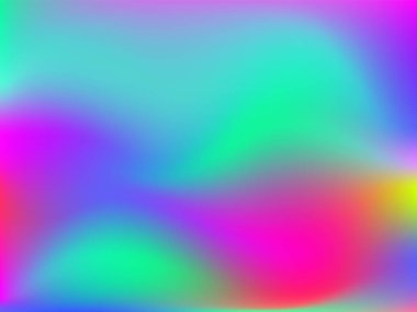 Sanal arkaplan. Pembe, mavi, yeşil renklerde parlak, pürüzsüz, bulanık fütürist desen. Modaya uygun reklam vektörü. Yazdırılmış ürünler için holografik spektrumun yoğun gradyanı,.