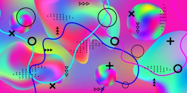 3D akış şekilli modern tasarım posteri. Pembe, mavi, yeşil, sarı, mor tonlarda parlak, pürüzsüz bir ağ, geleceksel bir desen tarafından bulanıklaştırılır. En küçük geometrik kapak.