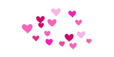 Kalp konfetisi arka planda kaotik bir şekilde düşüyor. Posterler, posterler, kartpostallar, davetiyeler için şablon. Sevgililer Günü. Vektör illüstrasyonu