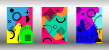 Modern Memphis arka plan kapakları, her amaç için harika tasarım. Renkli moda illüstrasyon. Minimum geometrik şekil. Yaratıcı vektör illüstrasyonu.