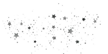 Konfetilerin gümüş yıldızı. Beyaz arka planda kayan yıldızlar. Uçan parlak yıldızların tasviri. Dekoratif unsur. Tasarımınız için uygun, kartlar, davetiyeler, hediye, VIP.