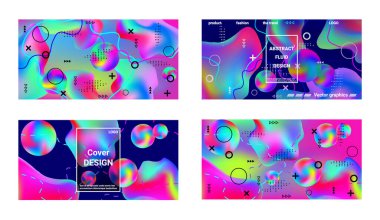 Moda yaratıcı vektör alanı gradyanı. Bir dizi modern soyut kapak. Pembe, mavi, yeşil, sarı, mor, fütüristik desen parlak ve pürüzsüz ızgarayı bulanıklaştırır..