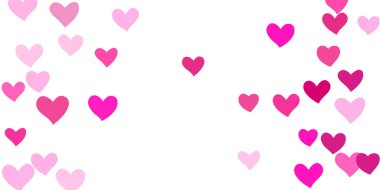 Kalp konfetisi arka planda kaotik bir şekilde düşüyor. Posterler, posterler, kartpostallar, davetiyeler için şablon. Sevgililer Günü. Vektör illüstrasyonu