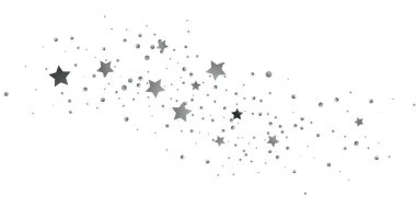 Konfetilerin gümüş yıldızı. Beyaz arka planda kayan yıldızlar. Uçan parlak yıldızların tasviri. Dekoratif unsur. Tasarımınız için uygun, kartlar, davetiyeler, hediye, VIP.