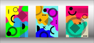 Memphis arka plan kapakları. Moda soyut vektör çizimi. Renkli geometrik arka plan tasarımı. Yaratıcı vektör illüstrasyonu.