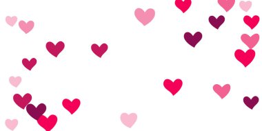 Kalp konfetisi arka planda kaotik bir şekilde düşüyor. Posterler, posterler, kartpostallar, davetiyeler için şablon. Sevgililer Günü. Vektör illüstrasyonu