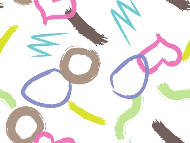 Taranmamış daireler, kalpler ve darbeler çizilmiş şirin bir desen. Farklı basit şekillere sahip vektör geometrik dokular. Saf, çocuksu sanat geçmişi.