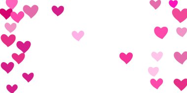 Kalp konfetisi arka planda kaotik bir şekilde düşüyor. Posterler, posterler, kartpostallar, davetiyeler için şablon. Sevgililer Günü. Vektör illüstrasyonu