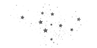 Konfetilerin gümüş yıldızı. Beyaz arka planda kayan yıldızlar. Uçan parlak yıldızların tasviri. Dekoratif unsur. Tasarımınız için uygun, kartlar, davetiyeler, hediye, VIP.