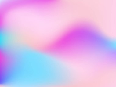Sanal arkaplan. Pembe, mavi, yeşil renklerde parlak, pürüzsüz, bulanık fütürist desen. Modaya uygun reklam vektörü. Yazdırılmış ürünler için holografik spektrumun yoğun gradyanı,.