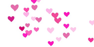 Kalp konfetisi arka planda kaotik bir şekilde düşüyor. Posterler, posterler, kartpostallar, davetiyeler için şablon. Sevgililer Günü. Vektör illüstrasyonu