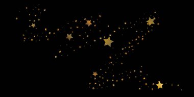 Konfeti yıldızı. Düşen yıldızlı arka plan. Siyah arka planda rastgele yıldızlar parlar. Parlayan yıldızlı karanlık gökyüzü. Uçan konfeti. Tasarımınıza, kartlarınıza, davetiyelerinize, hediyelerinize uygun.