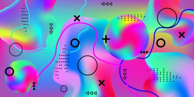 Bir müzik festivalinin yazlık poster tasarımı. Pembe, mavi, yeşil, sarı, mor tonlarda parlak, pürüzsüz bir ağ, geleceksel bir desen tarafından bulanıklaştırılır. En küçük geometrik kapak.