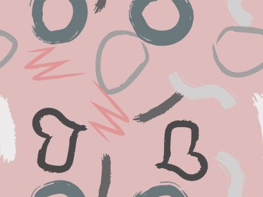 Taranmamış daireler, kalpler ve darbeler çizilmiş şirin bir desen. Farklı basit şekillere sahip vektör geometrik dokular. Saf, çocuksu sanat geçmişi.