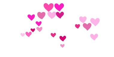 Kalp konfetisi arka planda kaotik bir şekilde düşüyor. Posterler, posterler, kartpostallar, davetiyeler için şablon. Sevgililer Günü. Vektör illüstrasyonu