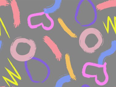 Taranmamış daireler, kalpler ve darbeler çizilmiş şirin bir desen. Farklı basit şekillere sahip vektör geometrik dokular. Saf, çocuksu sanat geçmişi.