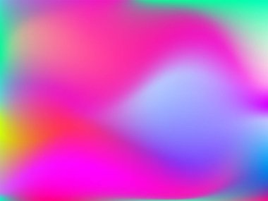 Sanal arkaplan. Pembe, mavi, yeşil renklerde parlak, pürüzsüz, bulanık fütürist desen. Modaya uygun reklam vektörü. Yazdırılmış ürünler için holografik spektrumun yoğun gradyanı,.