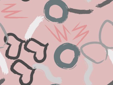 Taranmamış daireler, kalpler ve darbeler çizilmiş şirin bir desen. Farklı basit şekillere sahip vektör geometrik dokular. Saf, çocuksu sanat geçmişi.