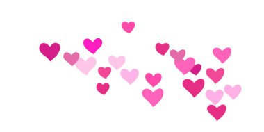 Kalp konfetisi arka planda kaotik bir şekilde düşüyor. Posterler, posterler, kartpostallar, davetiyeler için şablon. Sevgililer Günü. Vektör illüstrasyonu