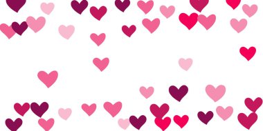 Kalp konfetisi arka planda kaotik bir şekilde düşüyor. Posterler, posterler, kartpostallar, davetiyeler için şablon. Sevgililer Günü. Vektör illüstrasyonu