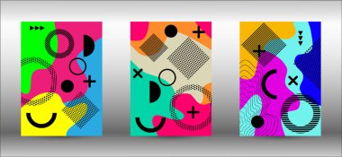 Memphis arka plan kapakları. Renkli moda illüstrasyon. Broşür yaratıcı tasarım. Yaratıcı vektör illüstrasyonu.