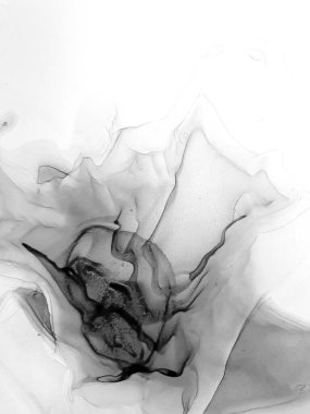 Tek renkli Alkol Mürekkebi. Duman dokusu. Dekorasyon tasarımı için gri tonlu suluboya ile klasik çizim. Modern sanat. Gümüş lekeli yüzey. Soyut yazdırma.