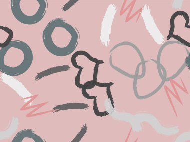 Taranmamış daireler, kalpler ve darbeler çizilmiş şirin bir desen. Farklı basit şekillere sahip vektör geometrik dokular. Saf, çocuksu sanat geçmişi.