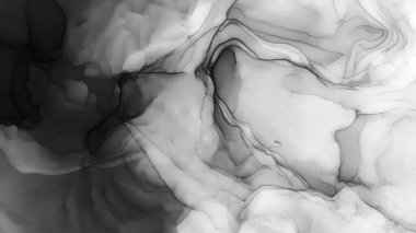 Siyah Beyaz Suluboya. Soluk Psikedelik Düzen. Tekstil tasarımı için gri tonlu suluboya ile modern illüstrasyon. Gümüş lekeli yüzey. Soyut yazdırma.