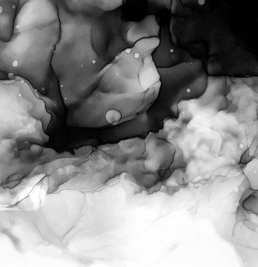 Boho monokrom mürekkebi için sıvı. Duman dokusu. Tekstil tasarımı için gri tonlu suluboya ile modern illüstrasyon. Gümüş lekeli yüzey. Soyut yazdırma.