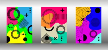 Memphis arka plan kapakları. Moda soyut vektör çizimi. Renkli geometrik arka plan tasarımı. Yaratıcı vektör illüstrasyonu.
