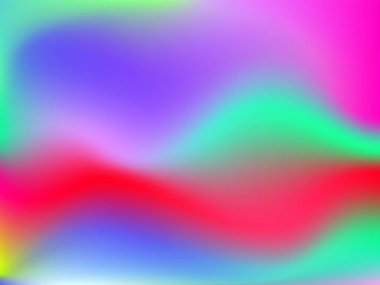 Sanal arkaplan. Pembe, mavi, yeşil renklerde parlak, pürüzsüz, bulanık fütürist desen. Modaya uygun reklam vektörü. Yazdırılmış ürünler için holografik spektrumun yoğun gradyanı,.