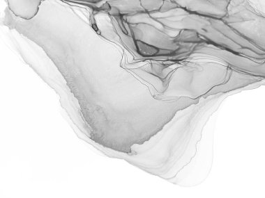 Tek renkli mürekkep sıvısı. Soluk Psikedelik Düzen. Tekstil tasarımı için gri tonlu suluboya ile modern illüstrasyon. Gümüş lekeli yüzey. Soyut yazdırma.