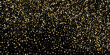 Siyah arka planda altın nokta konfetisi. Lüks şenlik geçmişi. Dekoratif unsur. Tasarım elementi. Vektör illüstrasyonu, EPS 10. 