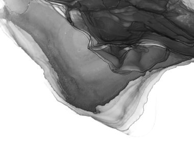 Tek renkli mürekkep sıvısı. Soluk Psikedelik Düzen. Tekstil tasarımı için gri tonlu suluboya ile modern illüstrasyon. Gümüş lekeli yüzey. Soyut yazdırma.