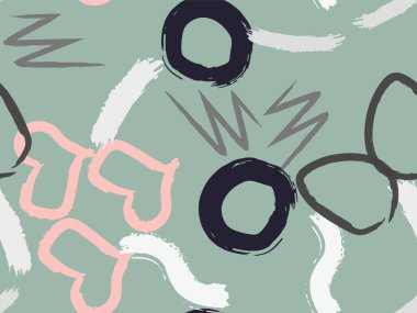 Taranmamış daireler, kalpler ve darbeler çizilmiş şirin bir desen. Farklı basit şekillere sahip vektör geometrik dokular. Saf, çocuksu sanat geçmişi.