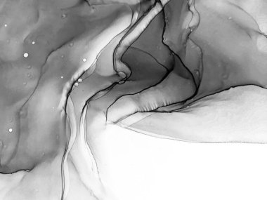 Siyah Beyaz Suluboya. Duman dokusu. Tekstil tasarımı için gri tonlu suluboya ile modern illüstrasyon. Gümüş lekeli yüzey. Soyut yazdırma.