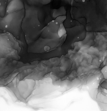 Tek renkli Alkol Mürekkebi. Duman dokusu. Tekstil tasarımı için gri tonlu suluboya ile modern illüstrasyon. Gümüş lekeli yüzey. Soyut yazdırma.