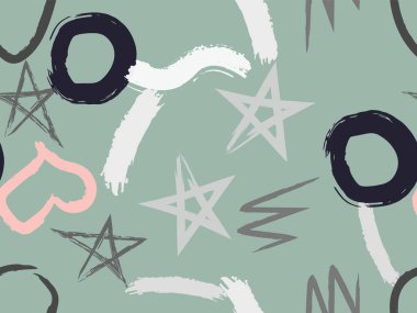 Taranmamış daireler, kalpler ve darbeler çizilmiş şirin bir desen. Farklı basit şekillere sahip vektör geometrik dokular. Saf, çocuksu sanat geçmişi.