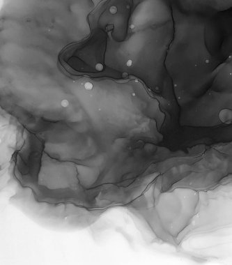 Tek renkli mürekkep sıvısı. Duman dokusu. Tekstil tasarımı için gri tonlu suluboya ile modern illüstrasyon. Gümüş lekeli yüzey. Soyut yazdırma.