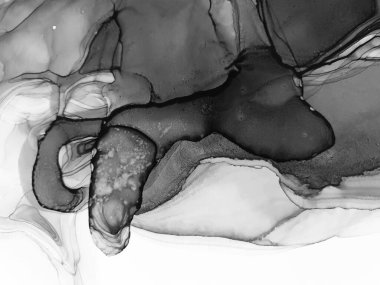 Siyah Beyaz Suluboya. Soluk Psikedelik Düzen. Dekorasyon tasarımı için gri tonlu suluboya ile klasik çizim. Modern sanat. Gümüş lekeli yüzey. Soyut yazdırma.