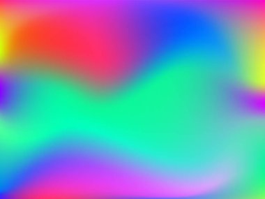 Sanal arkaplan. Pembe, mavi, yeşil renklerde parlak, pürüzsüz, bulanık fütürist desen. Modaya uygun reklam vektörü. Yazdırılmış ürünler için holografik spektrumun yoğun gradyanı,.