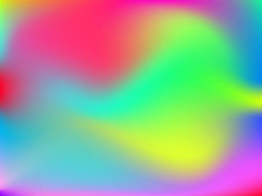 Sanal arkaplan. Pembe, mavi, yeşil renklerde parlak, pürüzsüz, bulanık fütürist desen. Modaya uygun reklam vektörü. Yazdırılmış ürünler için holografik spektrumun yoğun gradyanı,.