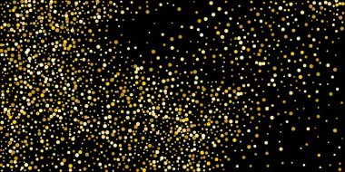 Siyah arka planda altın nokta konfetisi. Parlak parçacıkların yansıması. Dekoratif unsur. Tasarım elementi. Vektör illüstrasyonu, EPS 10. 
