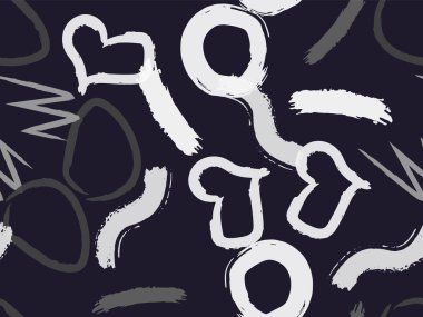 Taranmamış daireler, kalpler ve darbeler çizilmiş şirin bir desen. Farklı basit şekillere sahip vektör geometrik dokular. Saf, çocuksu sanat geçmişi.